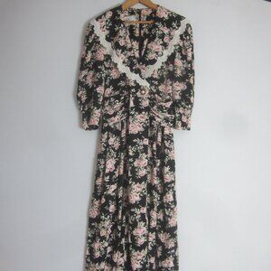 Y2K Carroll Reed Womens 10 Dress Black Pink Floral Lace Collar Cottagecore Vtg S